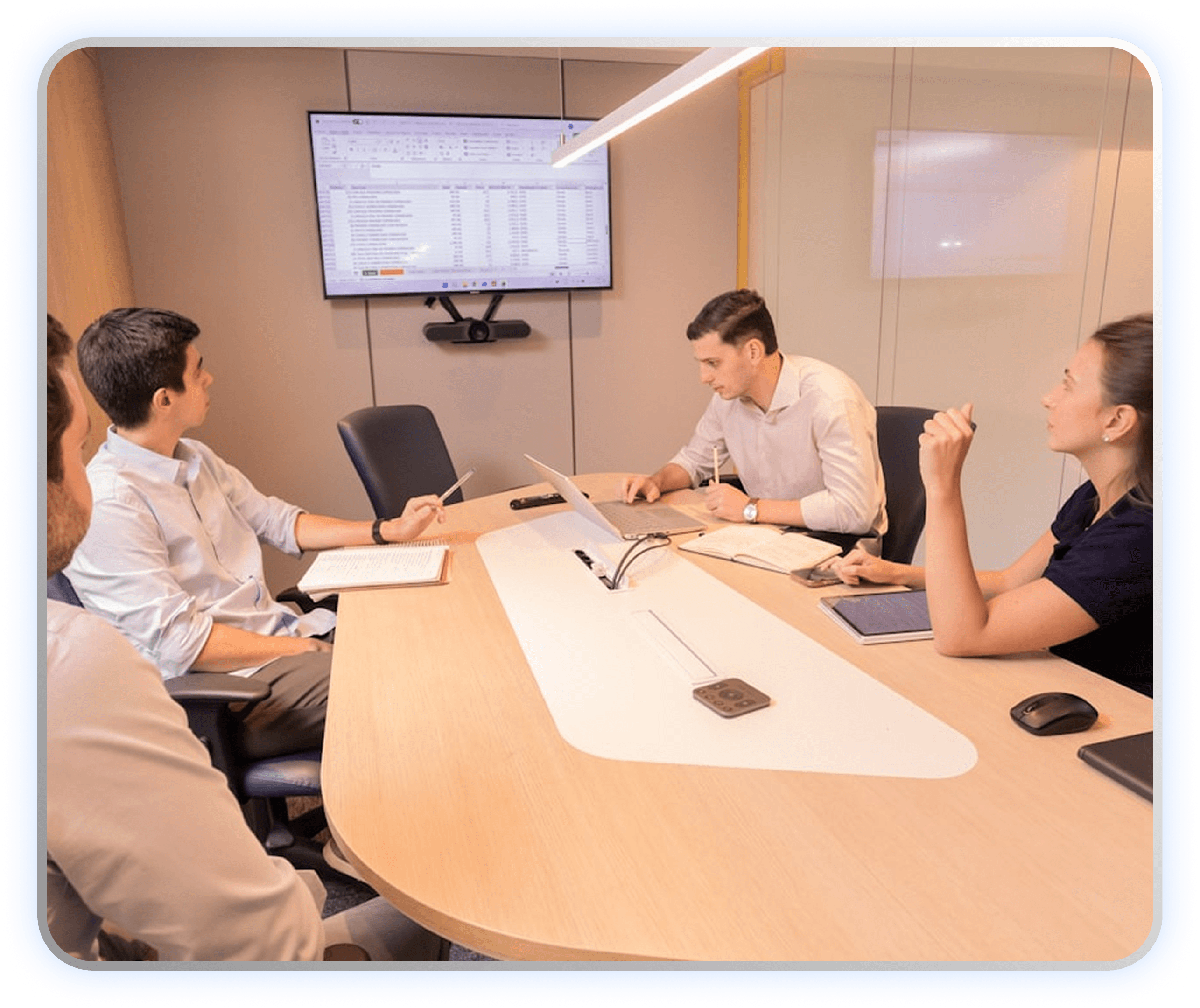Team collaborating on document analysis
